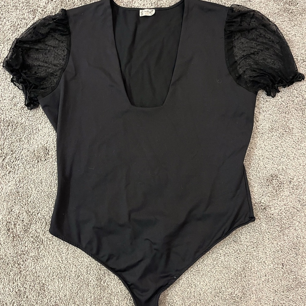 Free People Black Bodysuit with Sheer Sleeves